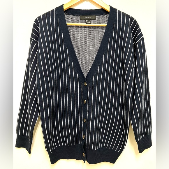 Forever 21 Women's Navy Blue White Stripes V Neck Cardigan 5 Buttons Size S - Picture 1 of 11